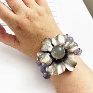 Vintage Lavender Beaded Metal Flower Stretch Bracelet
